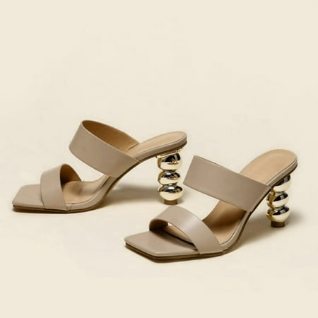 

BRISEZZS Womens Heeled Sandals- New Style Casual Gourd Skewers Solid Color Square Toe Summer Sandals #186 Beige-6.5