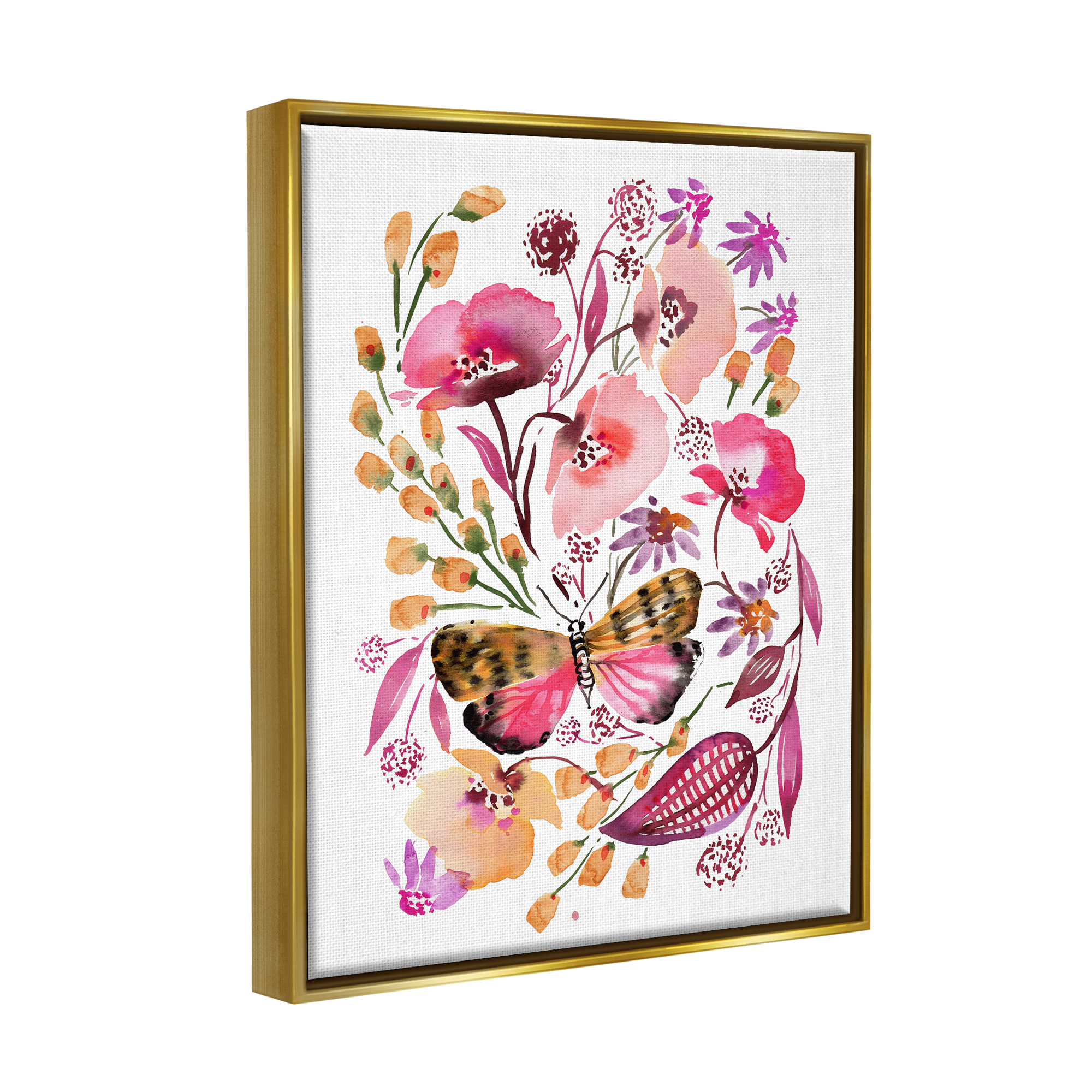 Stupell Industries Abstract Pink Botanicals Botanical & Floral Painting Gold Floater Framed Canvas Art Print Wall Art, 17 x 21