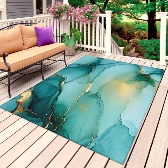 Teal Marble Outdoor Rug for Patio/Deck/Porch, Non-Slip Large Area Rug 5 x 7 Ft, Abstract Modern Ink Painting Art Indoor Outdoor Rugs Washable Area Rugs, Reversible Camping Rug Carpet Runner