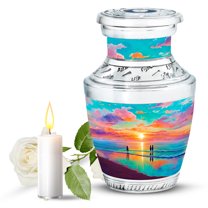 JAGASY Beach Small Urn for Ashes Adult Female, Teal Keepsake Urns for Human Ashes, Ocean Beach Sunset Orange Yellow Clouds Decorative Urns, Tiny Funeral Urn for Mother & Father, (3 Inch)