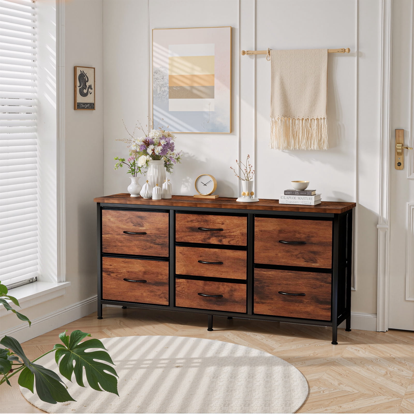 Dresser, Betcozy Storage Organizer with 7 Drawers for Bedroom, Chest of Drawers with Fabric Bins, Sturdy Metal Frame, Wood Tabletop for Guest Room, Closet, Entryway, Nursery, Rust
