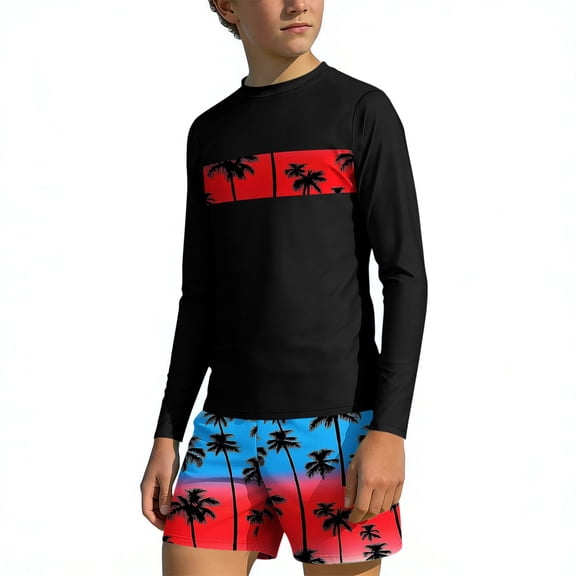 Edvintorg Boys Swimsuit 2 Piece Hawaii Printed Crewneck Long Sleeve Swim Top and Short Summer Vacation Beach Swimwear for Boys Size 3-14