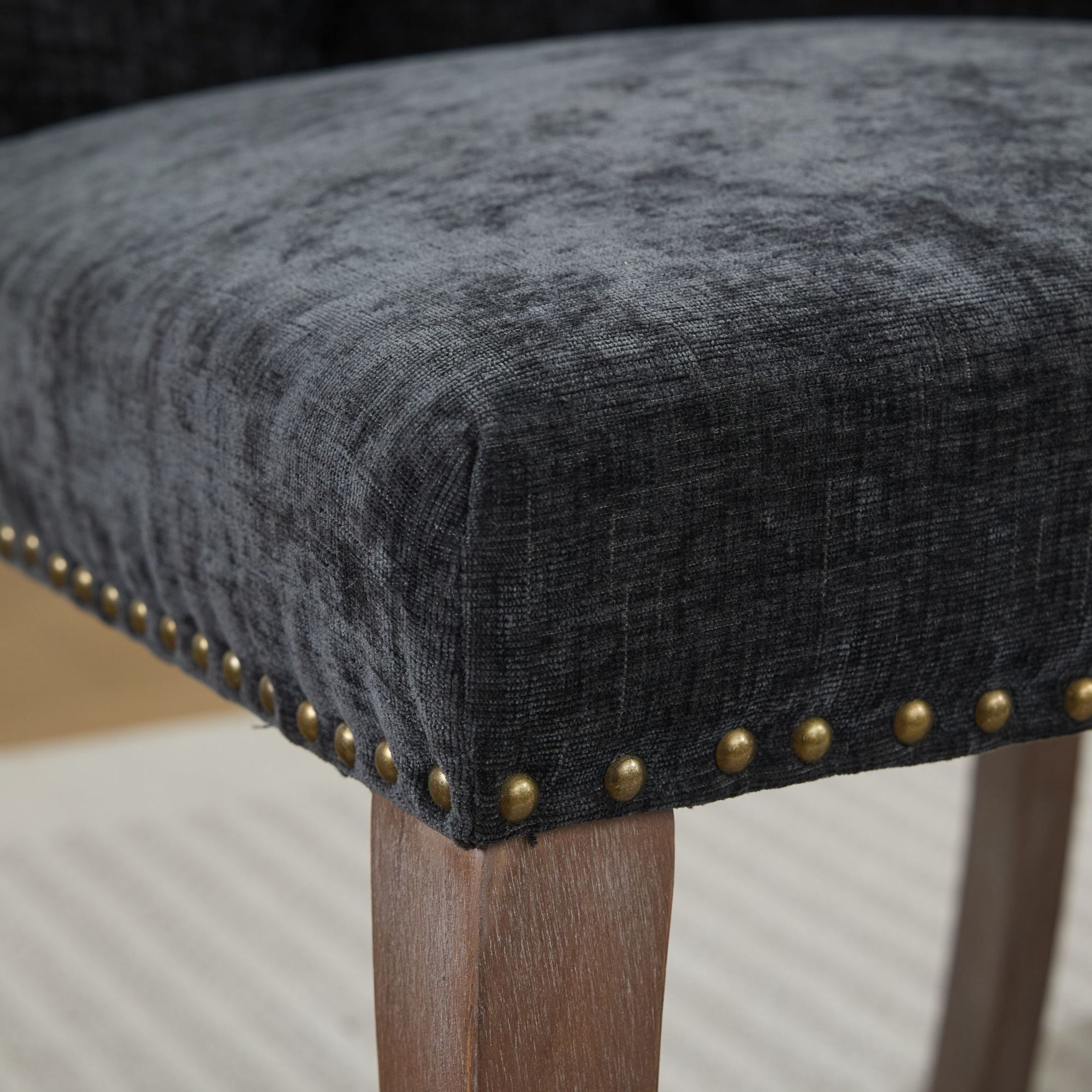 Noble House Set of 2 Tufted Chenille Upholstered Dining Chairs, Curved Solid Wood Legs, Black