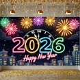 thumbnail image 5 of Neon Theme Happy New Year Banner Colorful Design 2026 Banner Fireworks Pattern Clock New Year Backdrop for New Year Party 2026 Celebration Countdown Event, 5 of 9