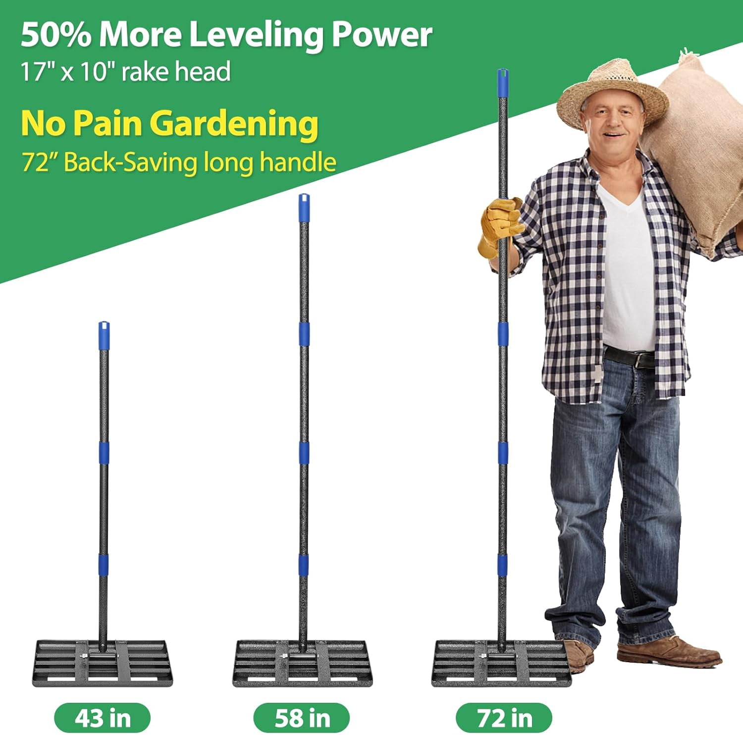 CHEASYOU Lawn Leveling Rake, 17"x10" Multi-Functional Heavy Duty Lawn Leveler Tool, 1" Diameter Adjustable Leveling Rake, 60" Size for Yard, Garden & Lawn