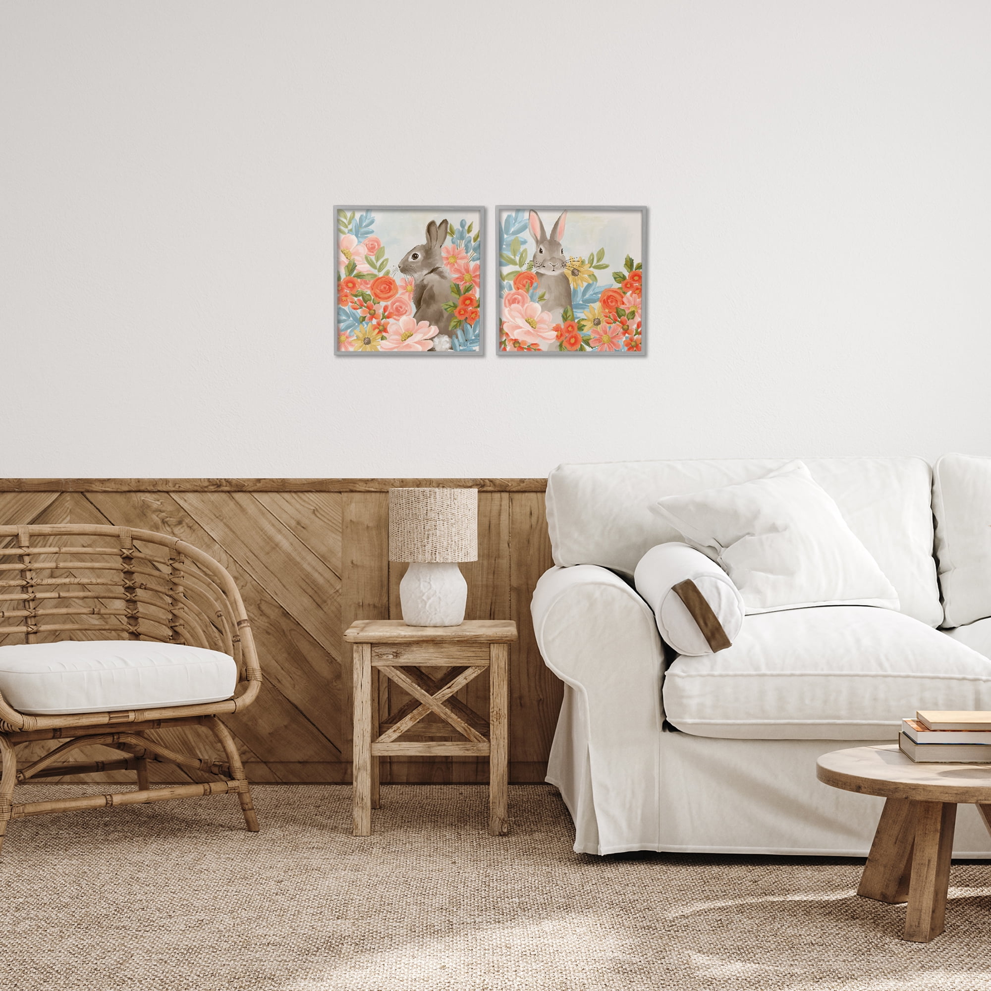 Stupell Industries Bright Bunny Blooms 2 Piece Gray Framed Giclee Art Set, design by Cat Thurman Designs
