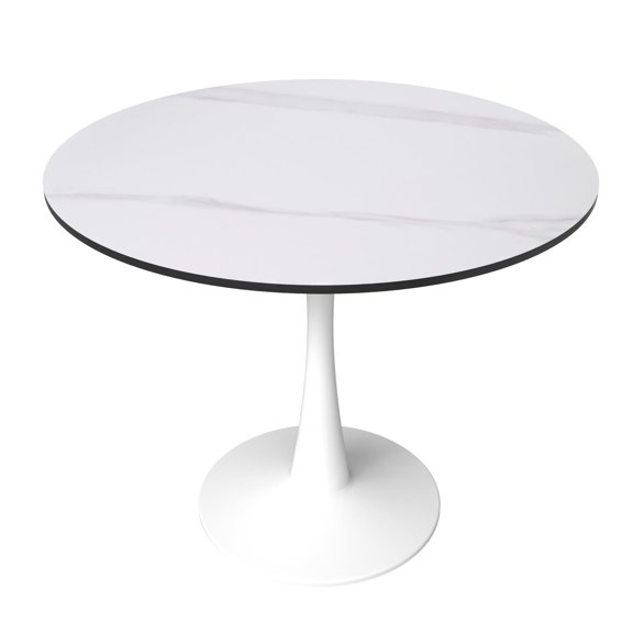 LeisureMod Round Dining Table Modern 35" Sintered Stone Tabletop with White Steel Pedestal Base for Kitchen and Living Room Bristol Series in White