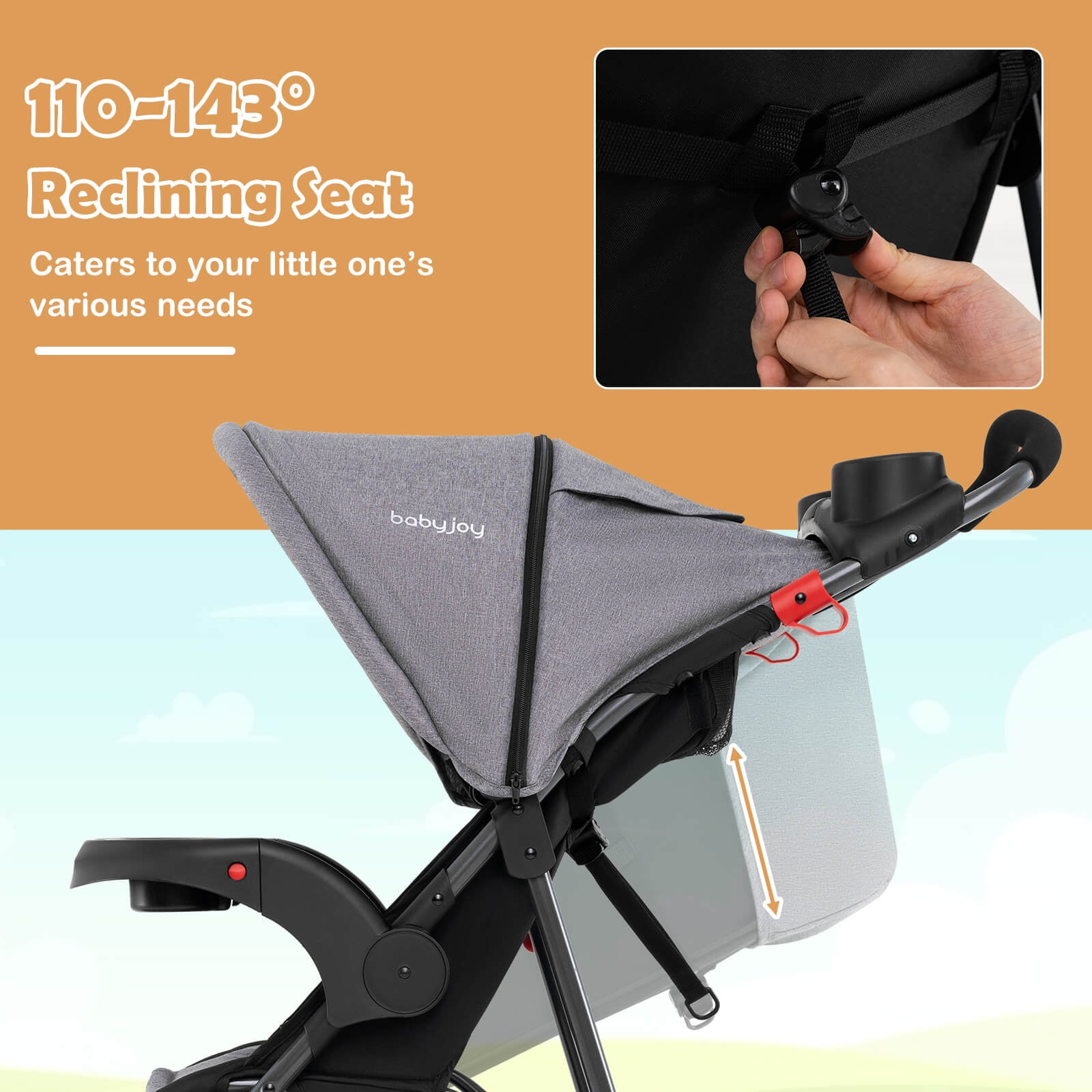Babyjoy Jogging Stroller Foldable Jogger with Adjustable Canopy Detachable Tray Cup Holders Gray