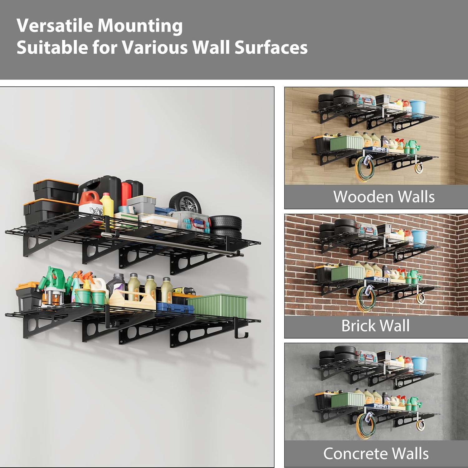2 Tier Garage Shelving Wall Mounted,Garage Wall Shelving Heavy Duty, Metal Wall Shelf,Sturdy Shelf for Wall Storage,Garage Storage Rack Floating Shelves For Kitchen Shop, Shed, Garage Storage