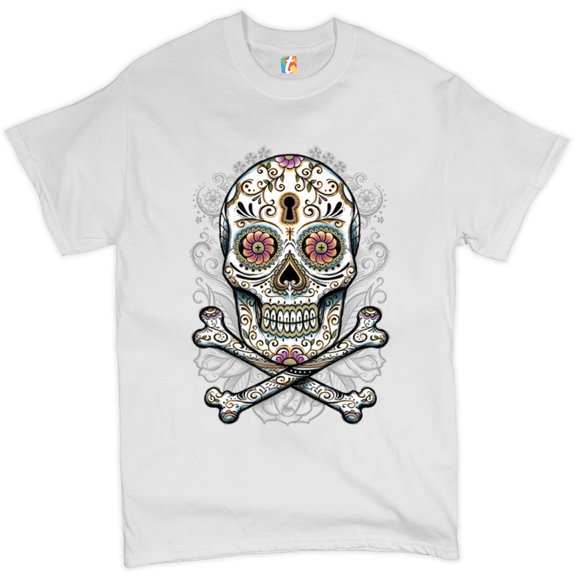 Tee Hunt Calavera Sugar Skull T-Shirt Mexican Day of The Dead Dia de Muertos Men's Tee, White, Small