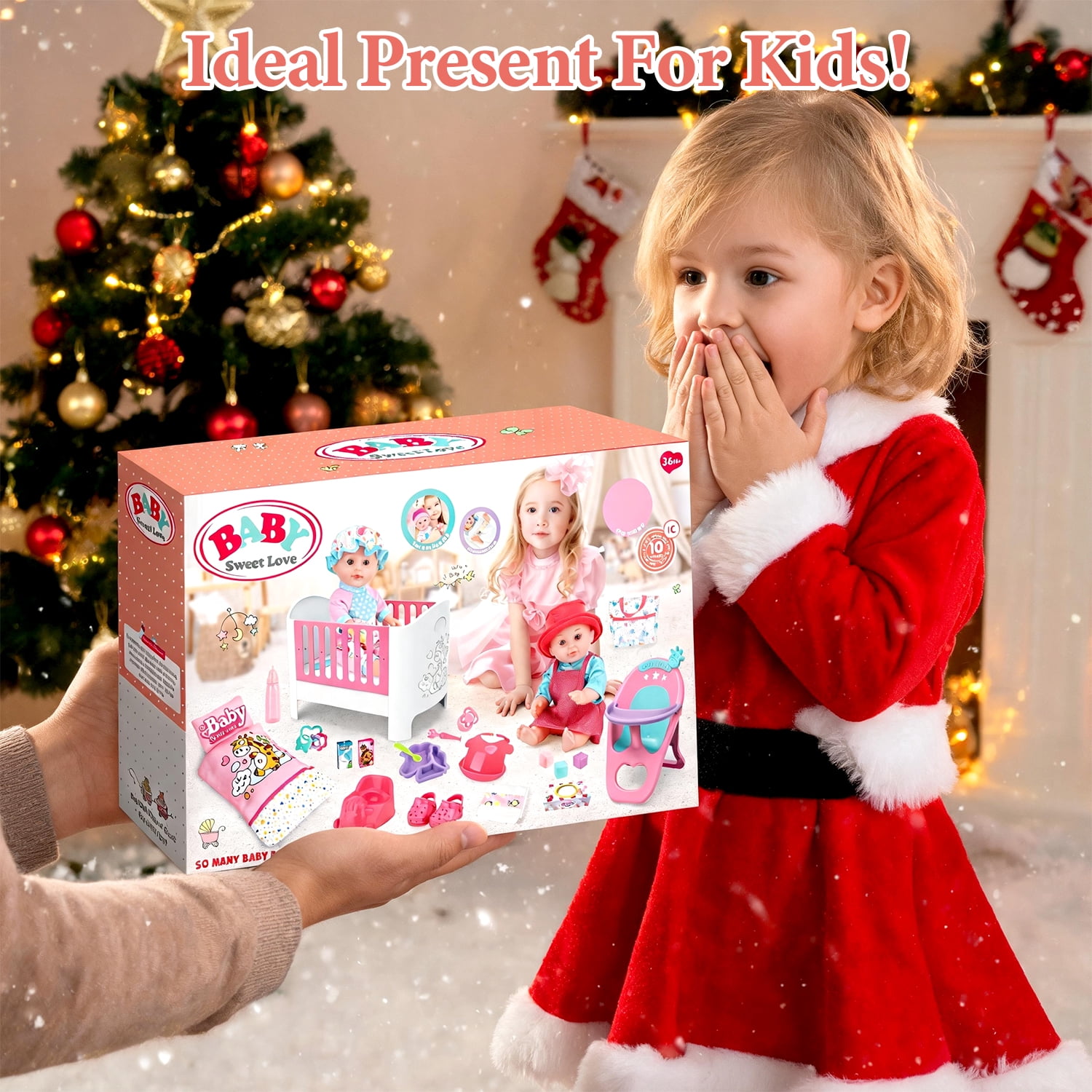 LINXUXIE Baby Doll Crib and High Chair Set, Kids Interactive Pretend Play Toys, Birthday Gifts for 1-3 3-5 5-8 Year Old