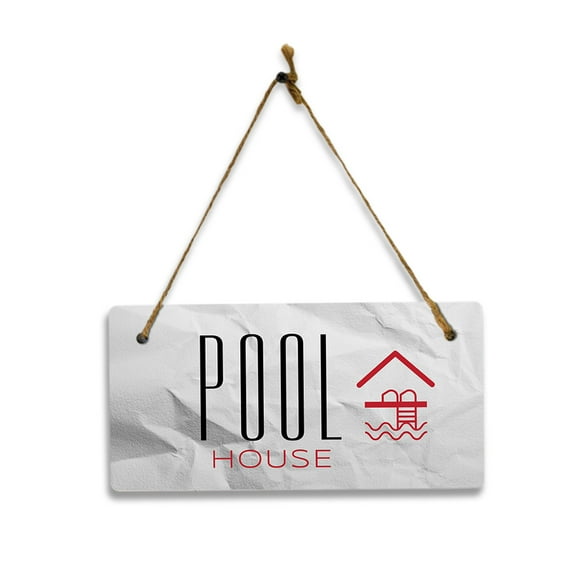 Pool House (Crumpled Paper) 5x10 Hanging Plus Wall or Door Sign | Rustic Twine | Range of Vibrant Decor Styles | Room Signs For Home and Business