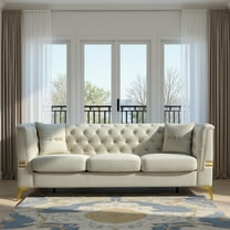 Newest 82.67" Cream White Velvet Chesterfield Sofa - Mid-Century Modern 3-Seater with Gold Legs for Primary Living Space