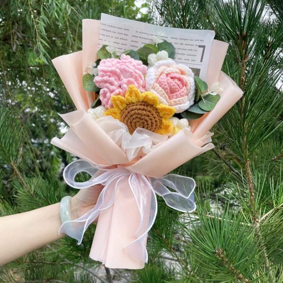 Finished Knitted flowers Sunflowers crochet Bouquet Creative Knited Flowers Valentine Mothers' Day Birthday Graduation Gifts