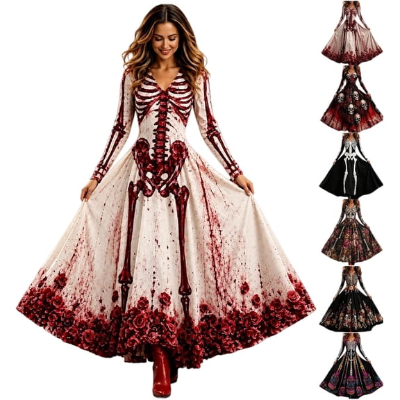 Skeleton Dress Long Sleeve V Neck Maxi Halloween Dresses for Women Spooky Skull Rose Gothic Festival Party Outfit