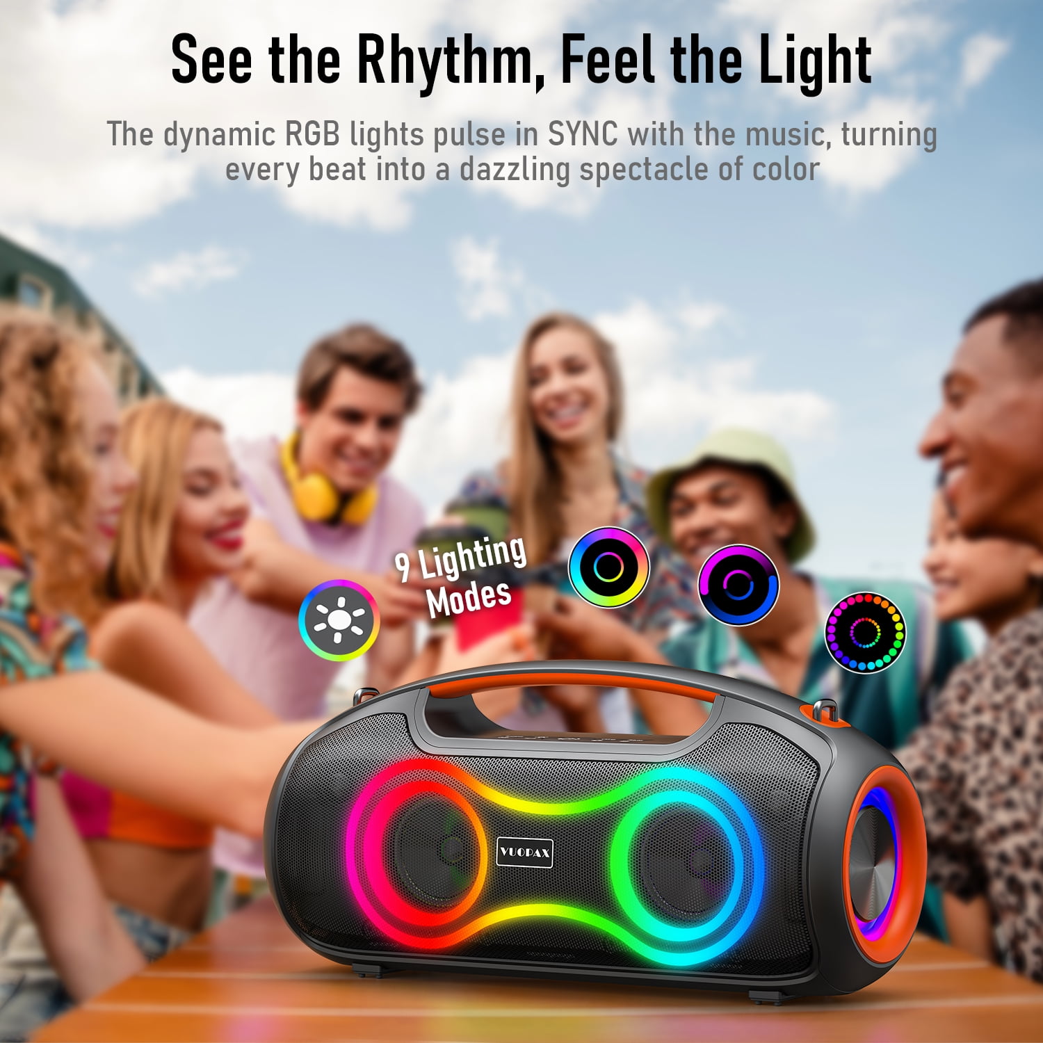 Portable Bluetooth Speaker with Bass Boost,IP65 Waterproof Outdoor Wireless Loud Speaker w/ Dynamic Light,180W Power and USB/AUX/TF Input for Party