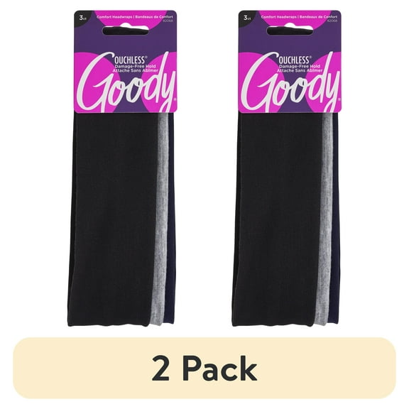 (2 pack) Goody Neutral Fabric Headbands, Soft, All-Day Comfort and Style, Navy, Grey, Black, 3 Ct