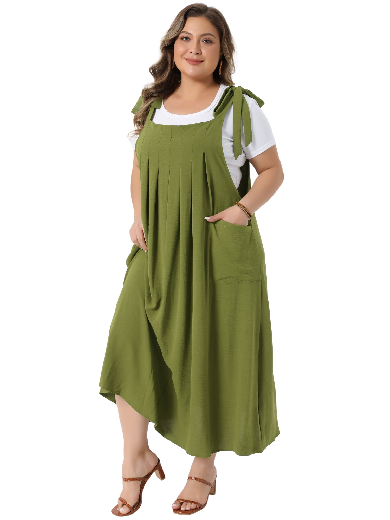 DARING DIVA Women's Plus Pinafore Dress with Pockets Overall Dress 3X Army Green