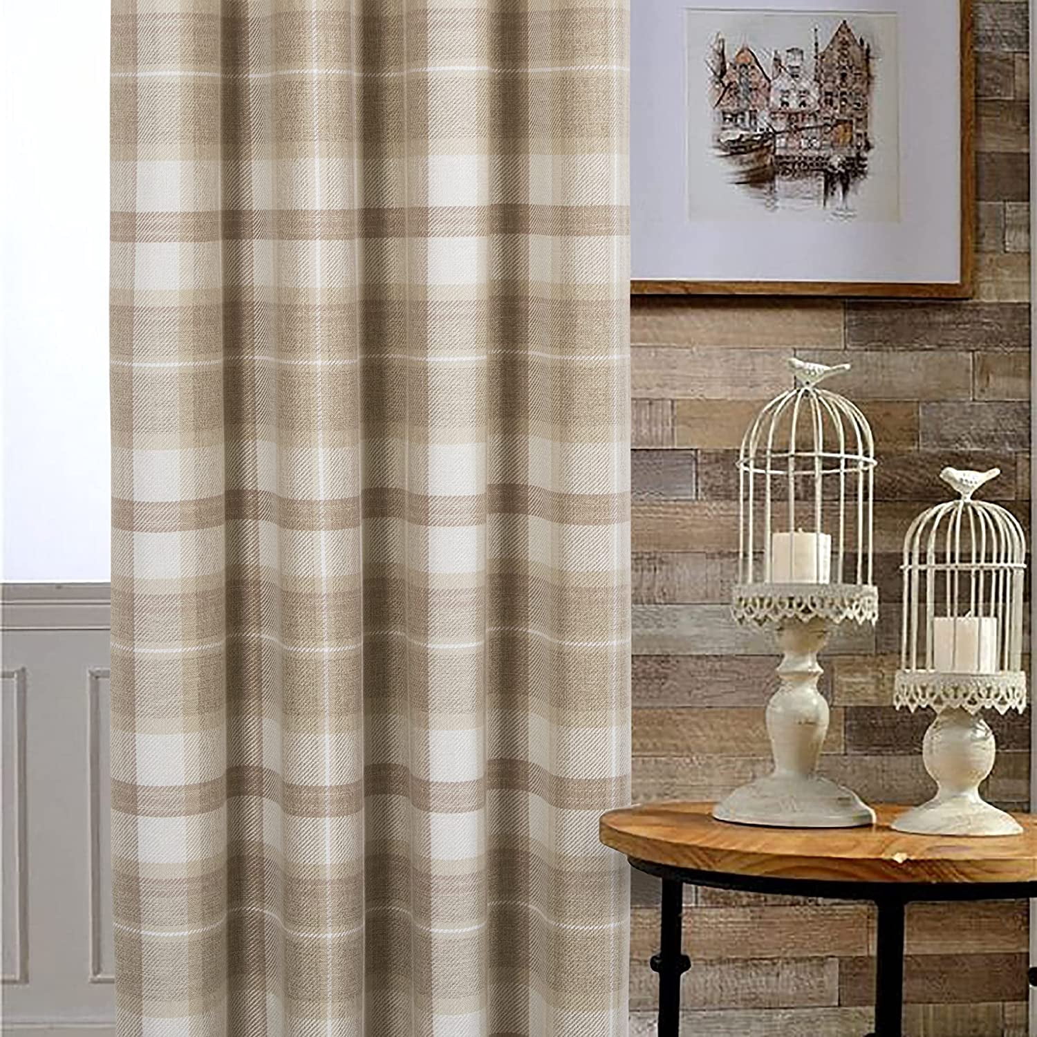 Bedroom Living Room Plaid Curtains 100% Blackout Heat Insulation Energy Saving Grommet Curtains Beige Plaid Curtains 42"W x 84"L (Pack of 2)