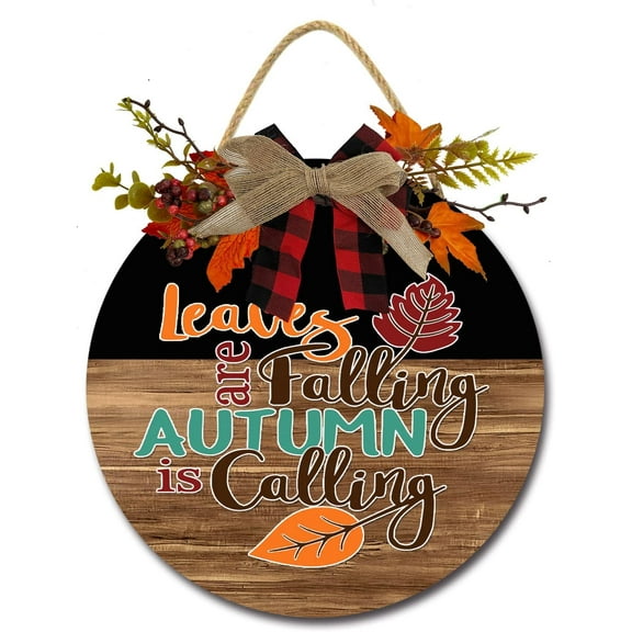 Eveokoki 12" Leaves Falling Autumn Is Calling Wooden Door Sign, Welcome Front Door Plaque Hanger Home Decoration for Farmhouse Office Coffee Shop,Hanging Sign Board with Hanging String