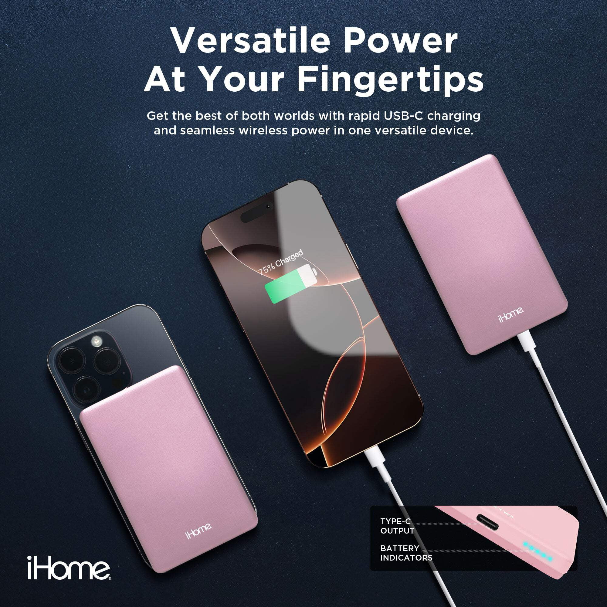iHome 5000mAh Magnetic Portable Power Bank, Wireless Charging, USB-C Input/Output, MagSafe Compatible for iPhone 12 & Newer