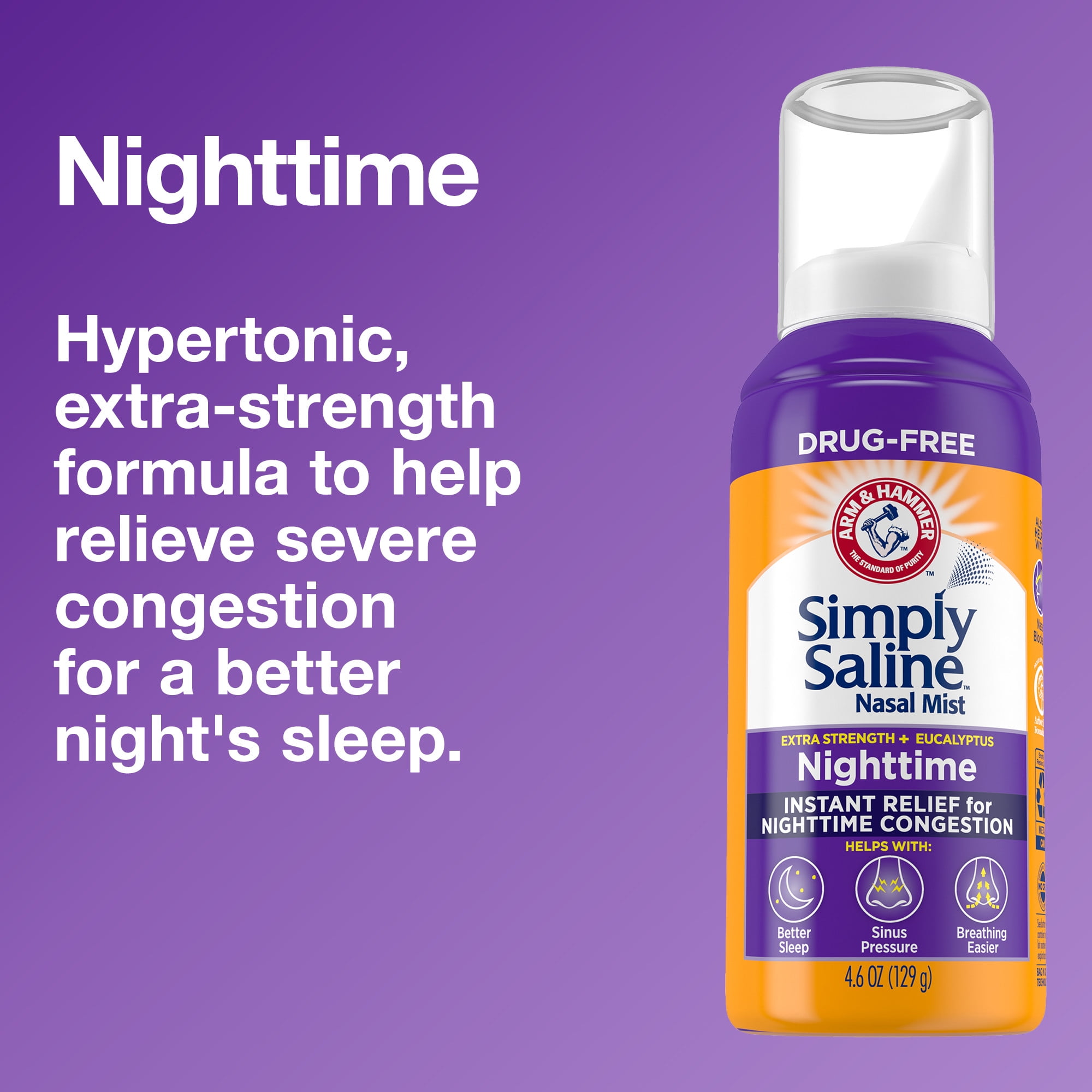 (4 pack) ARM & HAMMER Simply Saline Nighttime Drug-Free Mist for Nasal Congestion at Night, Extra Strength, Calming Eucalyptus, Safe to Use with Rx and OTC, For Adults and Kids Ages 2+, 4.6 oz (129 g)