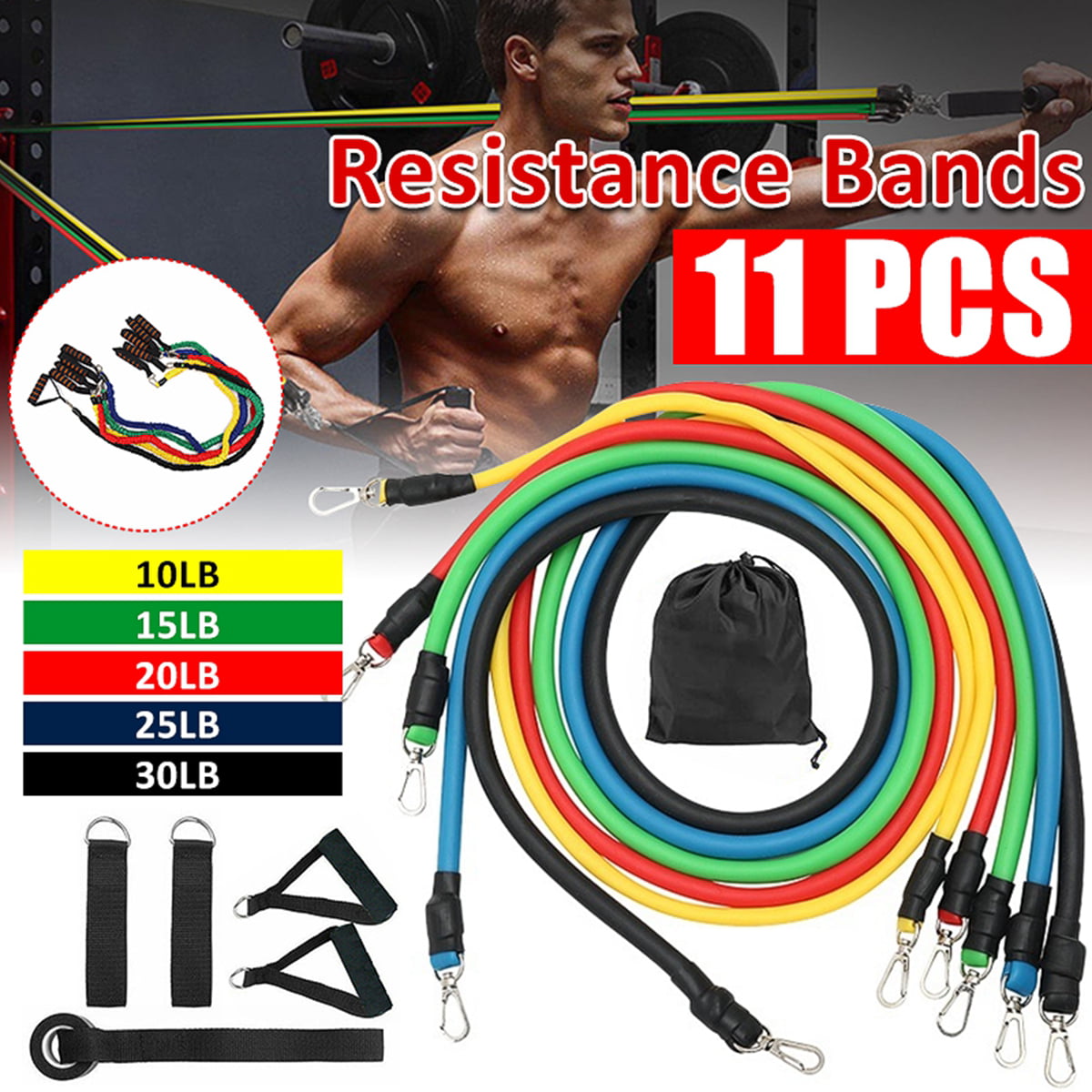 Door Anchor 11 PCS Premium Resistance Rubber Band Set Complete Exercise KIT Tube and Loop Bands Ideal for Training and Workout. Handles Ankle Straps