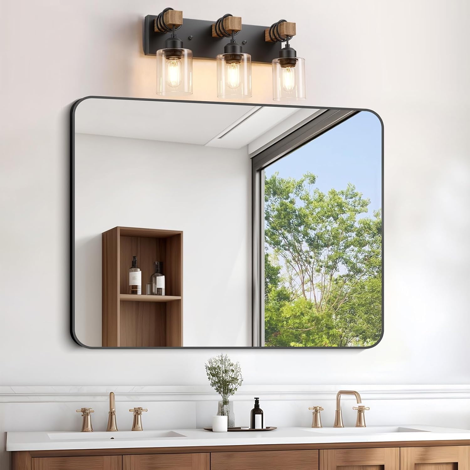 Farmhouse 3-Lights Wood Bathroom Vanity Light Black Bathroom Light Fixtures over Mirror with Clear Glass Shades for Living Room, Bedroom, Hallway