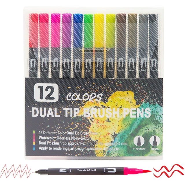 Graflsoa Dual-Tip Brush Pens Set - 12 Vibrant Colors for Drawing, Coloring & Journaling with Soft Brush & Fine Tips, PP Box Packaging