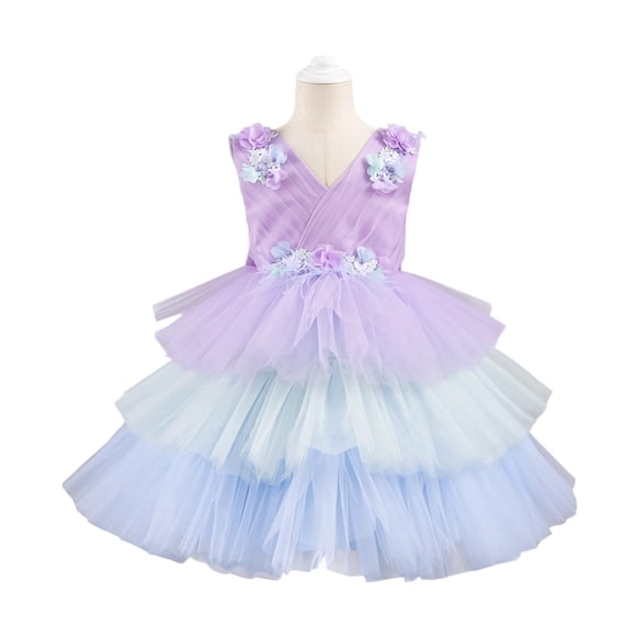 hengsof Girls' Short Sleeve Round Neck Formal Dress, Fashionable Spliced Mesh Back Zipper Dress Princess Dress, Children's Layered Sweet Puffy Princess Dress