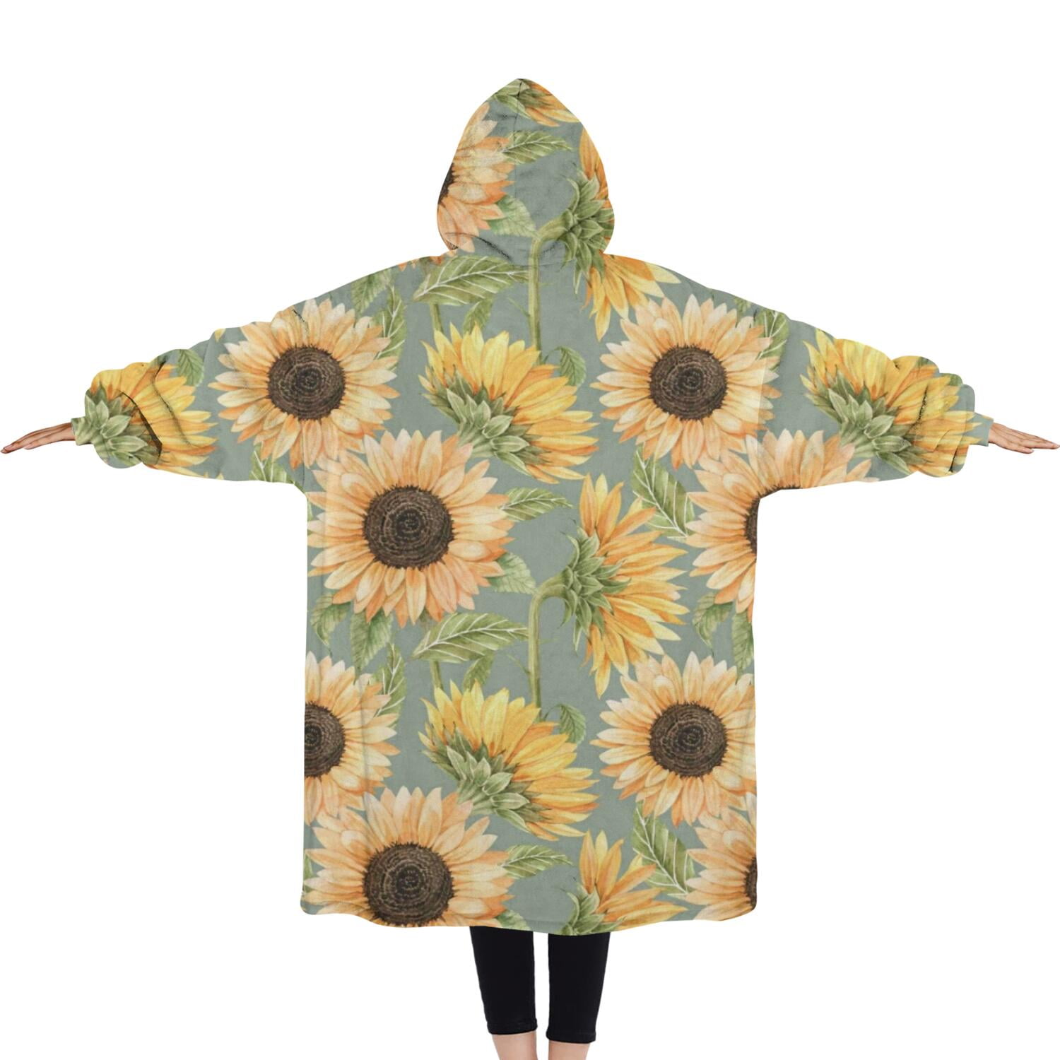 Oversized Wearable Blanket Hoodie,Green Sunflower Pattern Sherpa Blanket Hoodie with Super Pockets,Super Warm Fuzzy Pullover for Women & Men