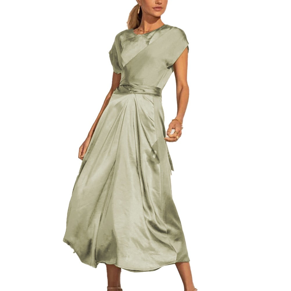 Geege Womens Summer Satin Midi Dress Cap Sleeve Tie Waist Elegant ALine Flowy Dresses