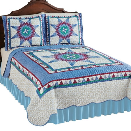Mystic Star Geometric Pattern Reversible Quilt, Intricate Design, Quilted Stitching, Scalloped Edges, Shades of Blue