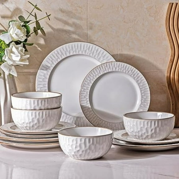 Ceramic Dinnerware Sets,12 pcs Embossed Elegant Stoneware Plates and Bowls Sets, Housewarming Wedding Gift | Dishwasher & Microwave  | Dishes Set Service for 4