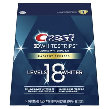 Crest 3DWhitestrips Radiant Express At-home Teeth Whitening Kit, 14 s, 18 Levels Whiter