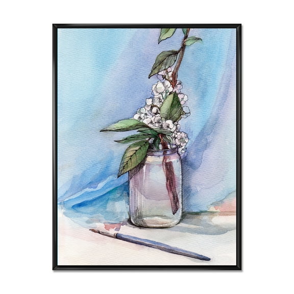Designart 'Cherry Blossom Flowers In Glass Jar' Farmhouse Framed Canvas Wall Art Print