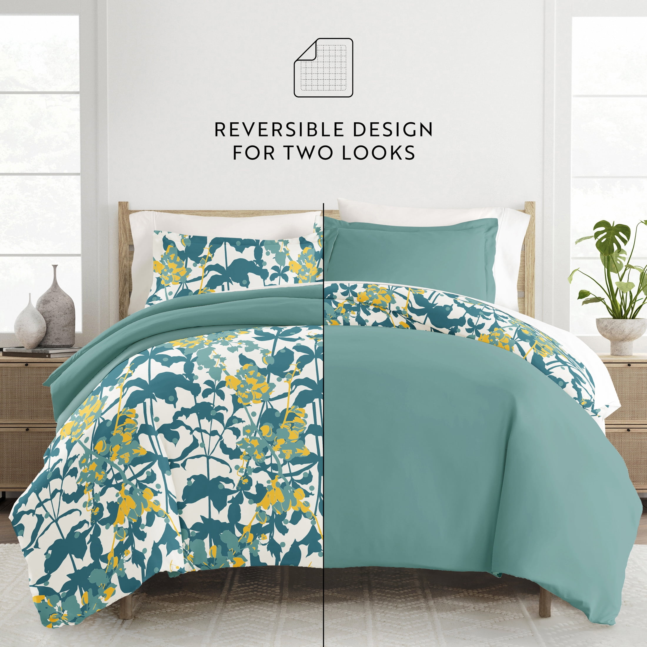 Noble Linens Teal Boho Flower Reversible 2-Piece Duvet Cover Set, Twin/Twin XL