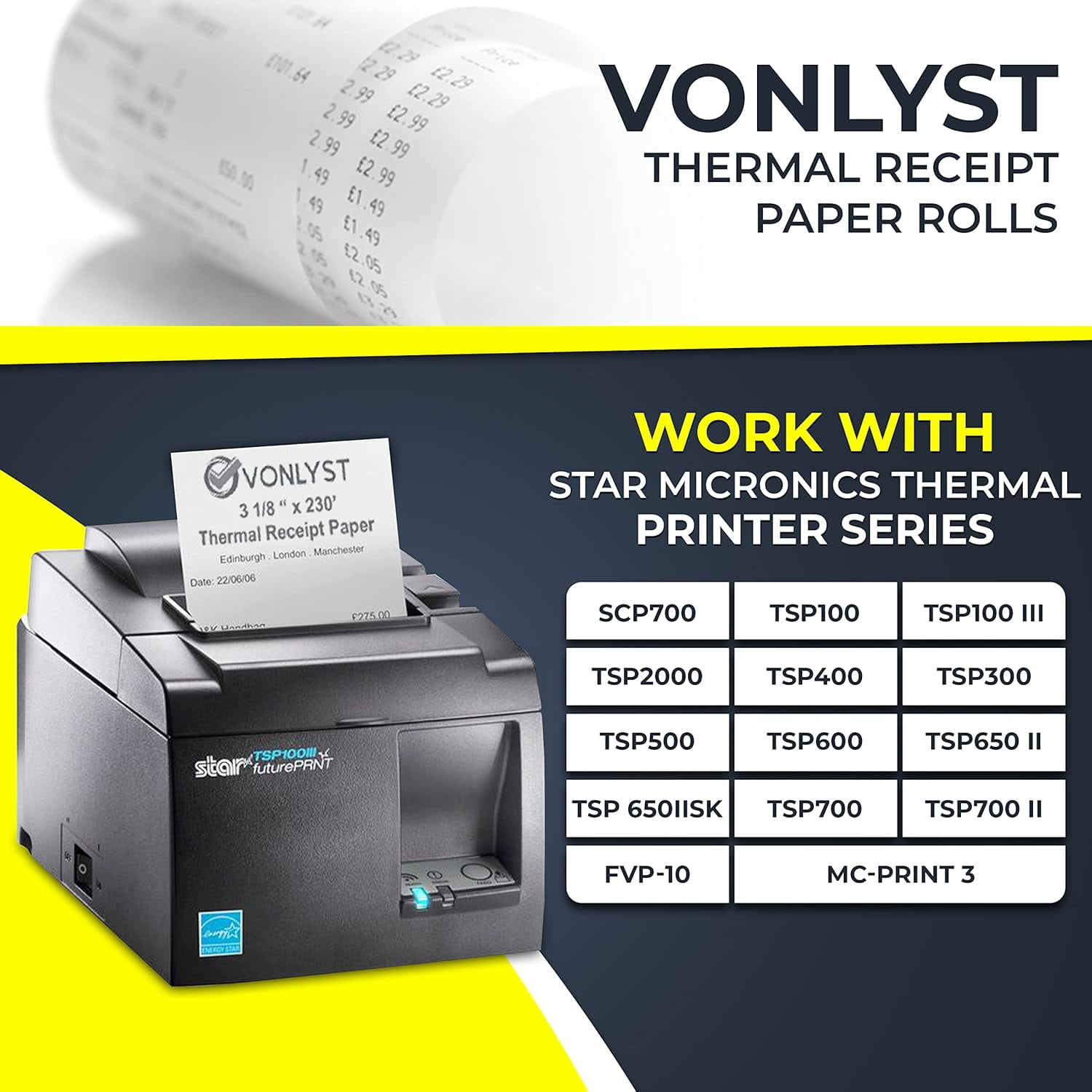 Receipt Paper Roll 3 1/8 X 230' - 12 Pack For Square Register Star Micronics Printers