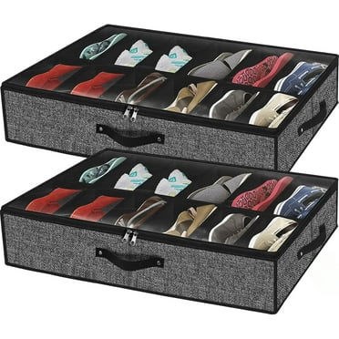 Under Bed Shoe Storage Organizer for Closet Fits 24 Pairs-Sturdy Underbed Shoe Storage Box Bins,Set of 2 (Linen-like Black)