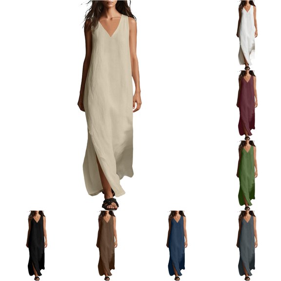 XIAOCHA Solid Maxi Dress For Women Sleeveless V Neck Split Summer Beach Cover Up