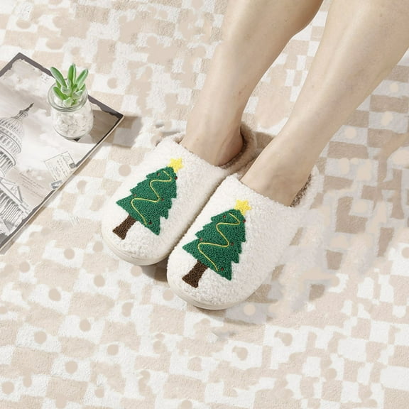 Weloille Christmas Cotton Slippers Winter Warm Padded Warm Shoes Christmas Tree Cotton Slippers Women's Home Soft Bottom Non-slip Indoor Floor Mute Cotton Slippers