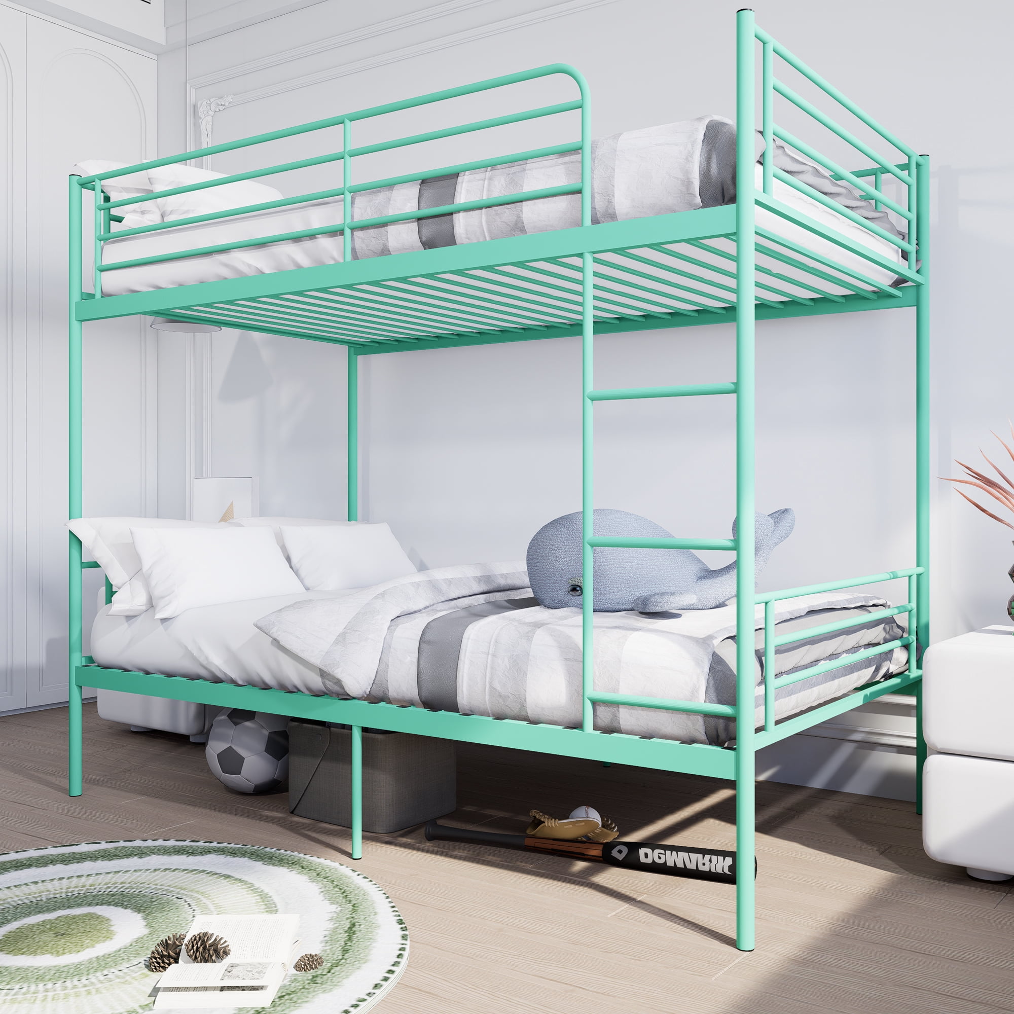 Leumius Twin over Twin Bunk Bed,Metal Bed Frame with Ladder and Guardrail,Noise Free,Easy Assemble,Able to Split 2 Bed,Green