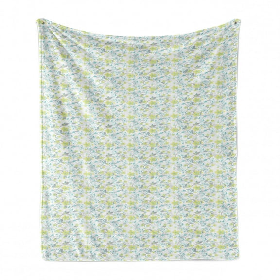 Floral Soft Flannel Fleece Throw Blanket, Flowers and Green Leaves on Ivy Vines Spiral Branches Petals Pattern, Cozy Plush for Indoor and Outdoor Use, 50" x 70", White Grey Yellow Green, by Ambesonne