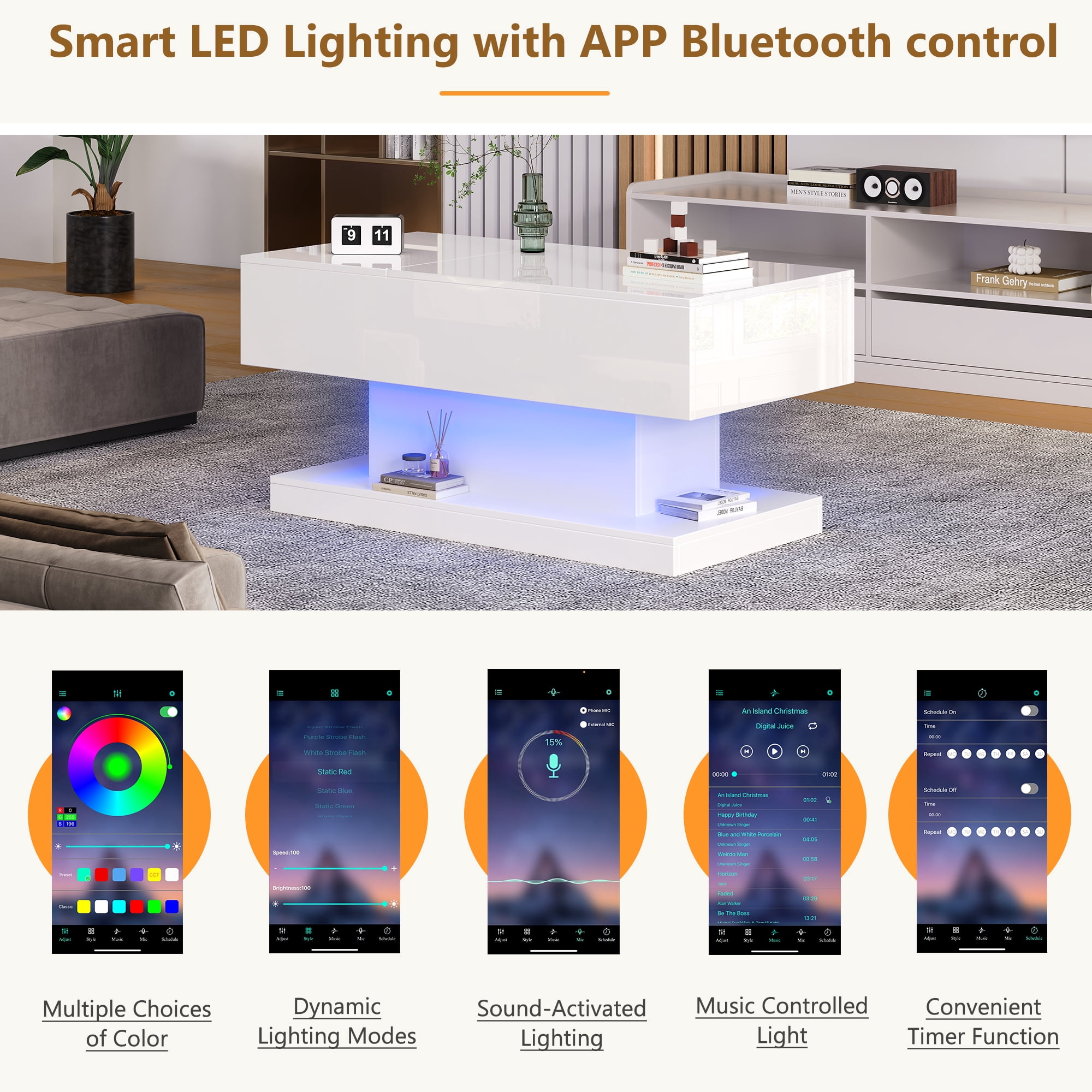 Homy Casa Lift Top LED Coffee Table, High Gloss White, Sliding Top, Storage, Bluetooth App