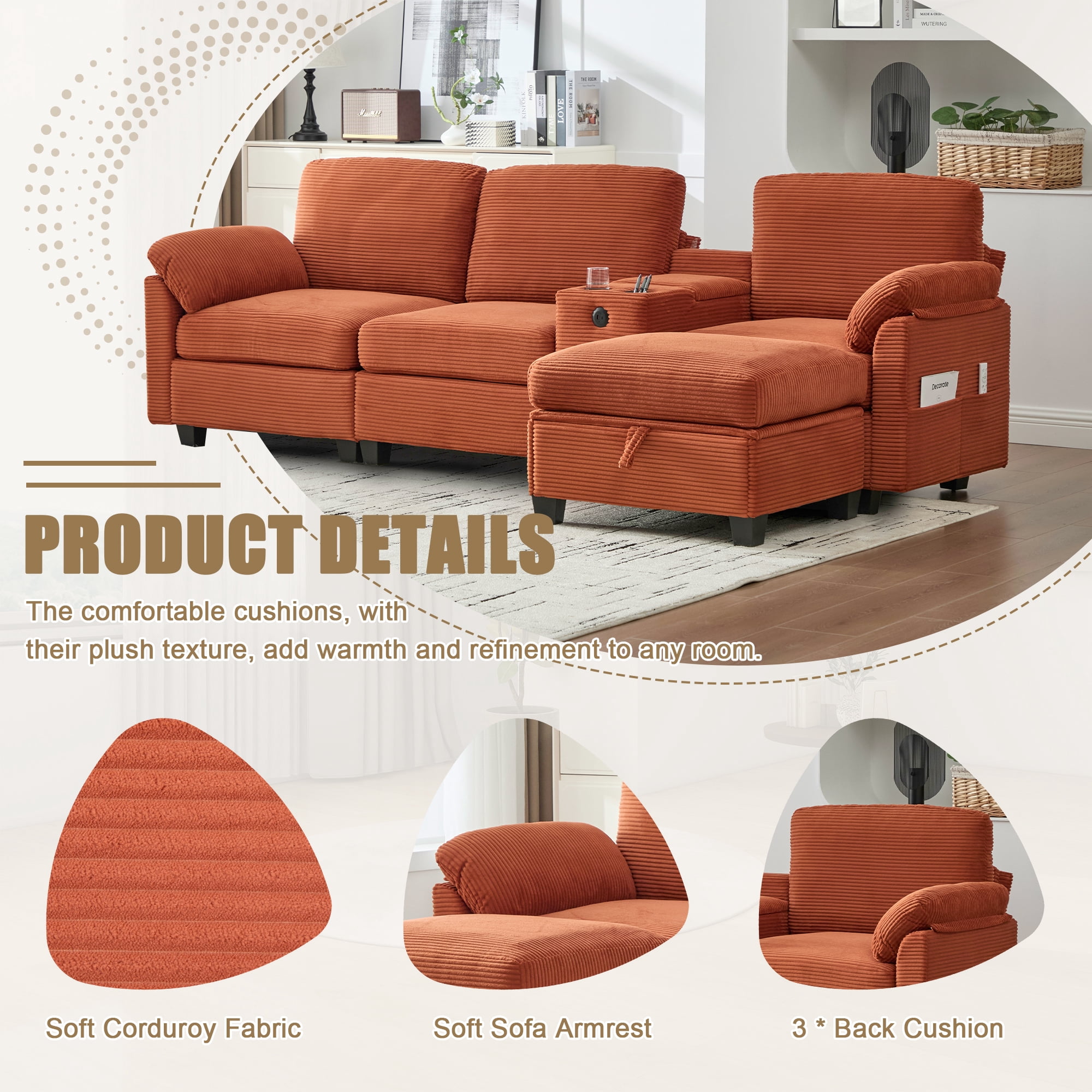 MOONMISS 105" L-Shaped Corduroy Modular Sectional Sofa with 1 Ottoman and Multi Functional Console, 3-Seater Upholstered Couch with USB and 2 Cup Holder, Easy Assembly, for Living Room,Orange