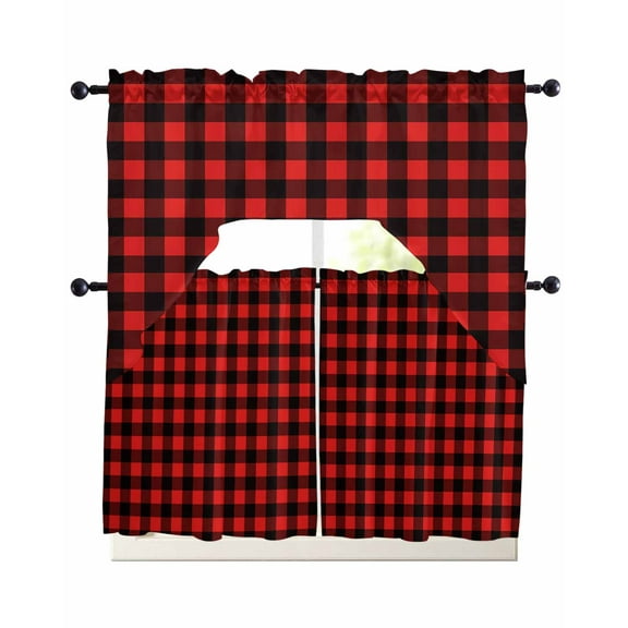 Black Red Plaid Kitchen Curtains Sets 36 Inch Length with Valance, Vintage Rustic Buffalo Checked Gingham Swag Valances and Tiers Curtain Set Drapes Swag Curtains for Living Room, Bathroom, Bedroom