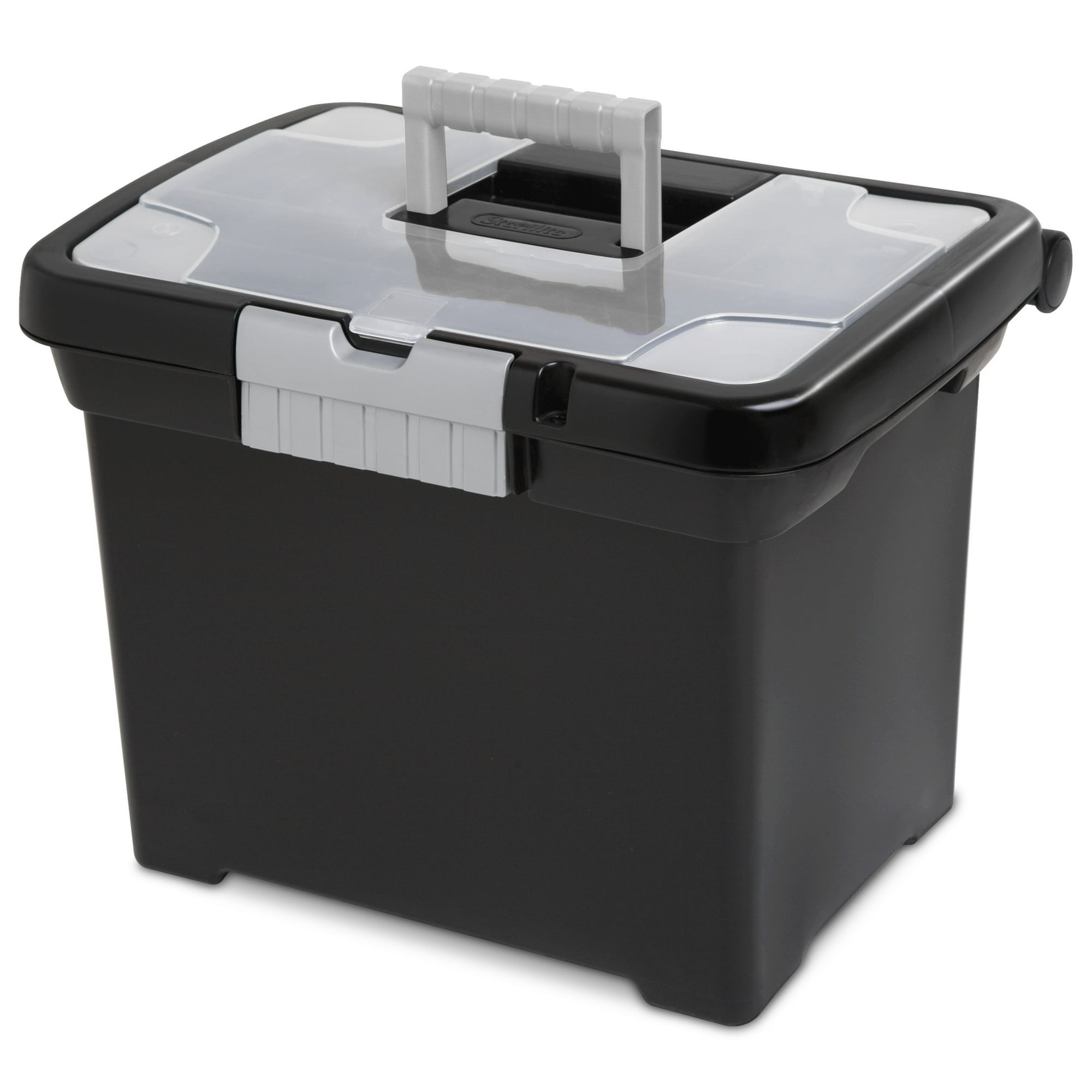 Sterilite Portable File Box, Letter-Size Plastic File Storage Box with Handle and Divided Lid Storage Compartment, Black