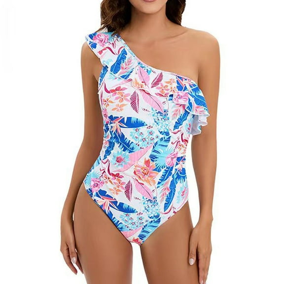 One Piece Bathing Suit for Women Ruffled Flounce One Shoulder Swimsuit Floral Print Swimsuit Ruched Slimming Swimwear Clearance Sale Items Cheapeast On Sale