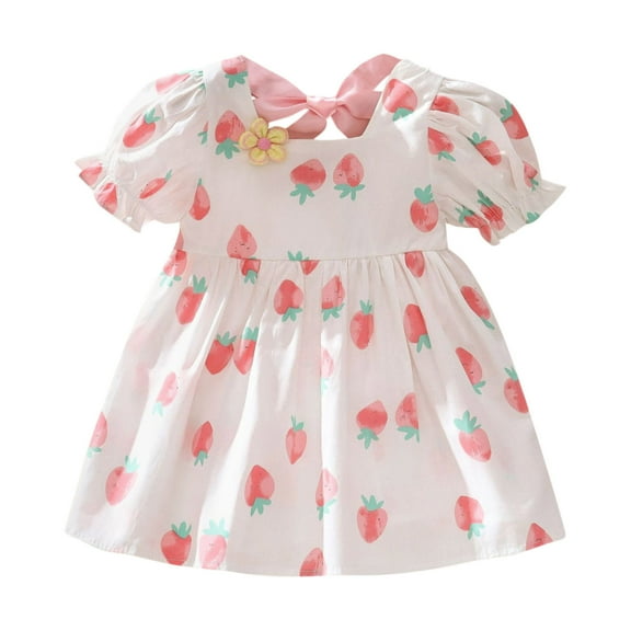 FINALGANG Girls Toddler Strawberry Print Dress Puff Sleeve Square Neck Bow Back A Line Casual Dress For Summer Daily Wear Classic Dress
