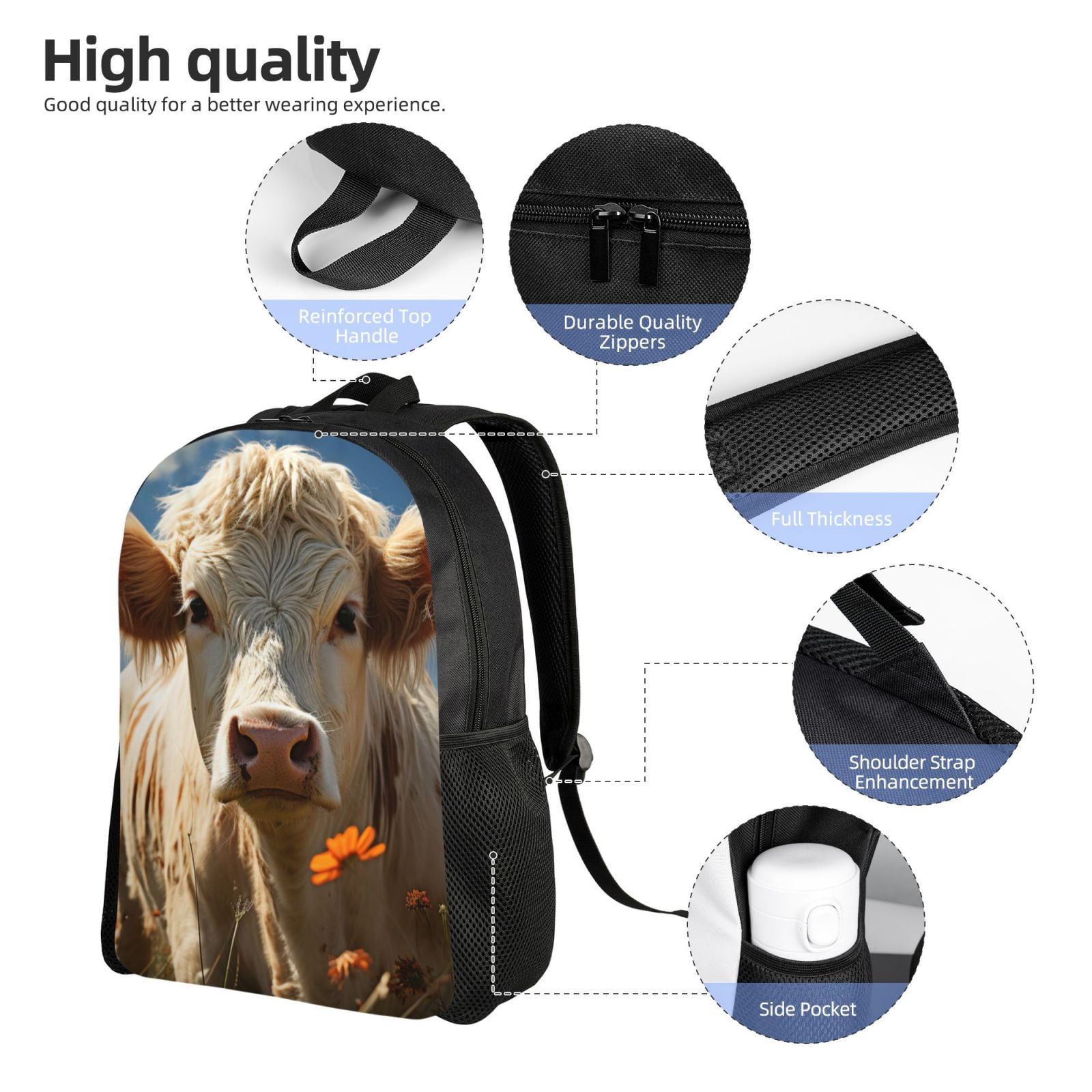 Xecao Daisy Meadow Cow Print School Backpack with Laptop Compartment Small Travel Laptop Backpack for Women Men Waterproof College Backpack Simple School Bag